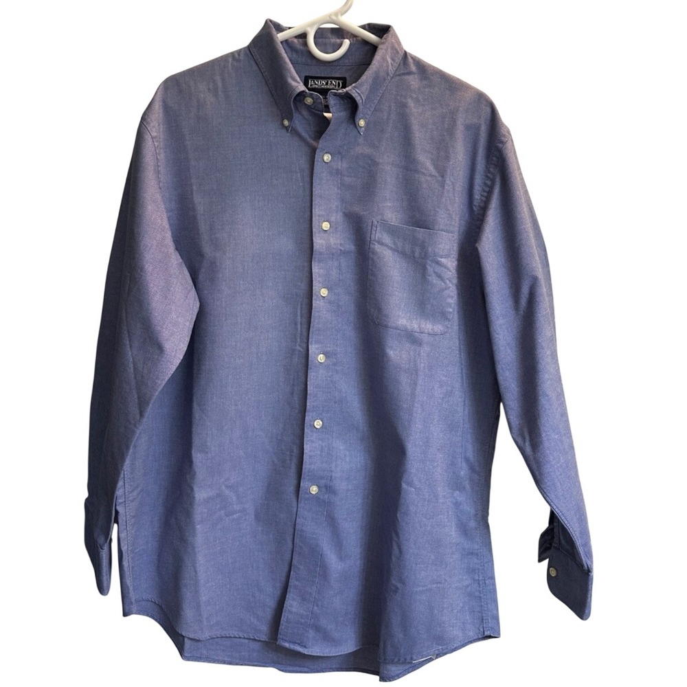 Lands End Mens Blue Cotton Button Down Shirt Regular Fit 16.5-34 Long Sleeve